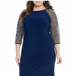Leslie Fay SZ 10 NWT Navy Sheath Dress Beaded Mesh Sleeves Formal Dressy Party